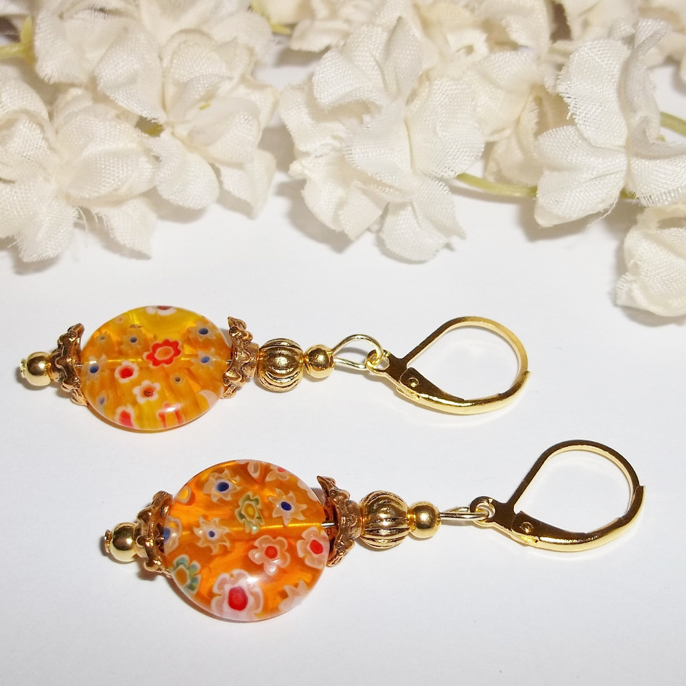 Yellow & Gold Earrings Flower Floral Dangle 4317 - Picture 3 of 6